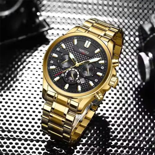 Nibosi 2512 High Quality Stainless Steel & Multifunction Chronograph Men's Watch – Dial Color: Black Gold, Strap Color: Gold – View 4